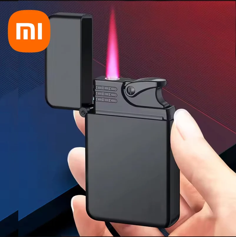 Butane Gas Lighter Cigarette Lighter Xiaomi Metal Lighter Windproof And Waterproof Lighter Relief Pattern Red Flame Direct Sale Cigar Men's Smoke Accessories