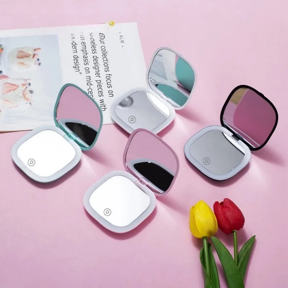 Portable Handheld Makeup Mirror with LED Light Adjustable Color USB Charging Travel Compact Folding Small Mirror for Ladies
