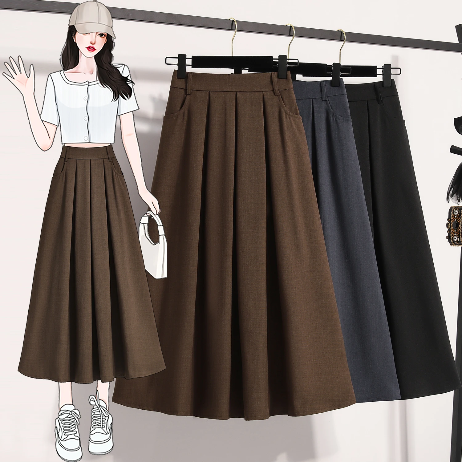 Coffee pleated high-waisted bustier skirt female spring and summer new Korean version of the loose large size fashion temperamen 4