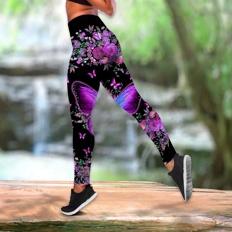 Summer Fashion Butterfly 3d Print Women Hollow Tank Top+leggings
