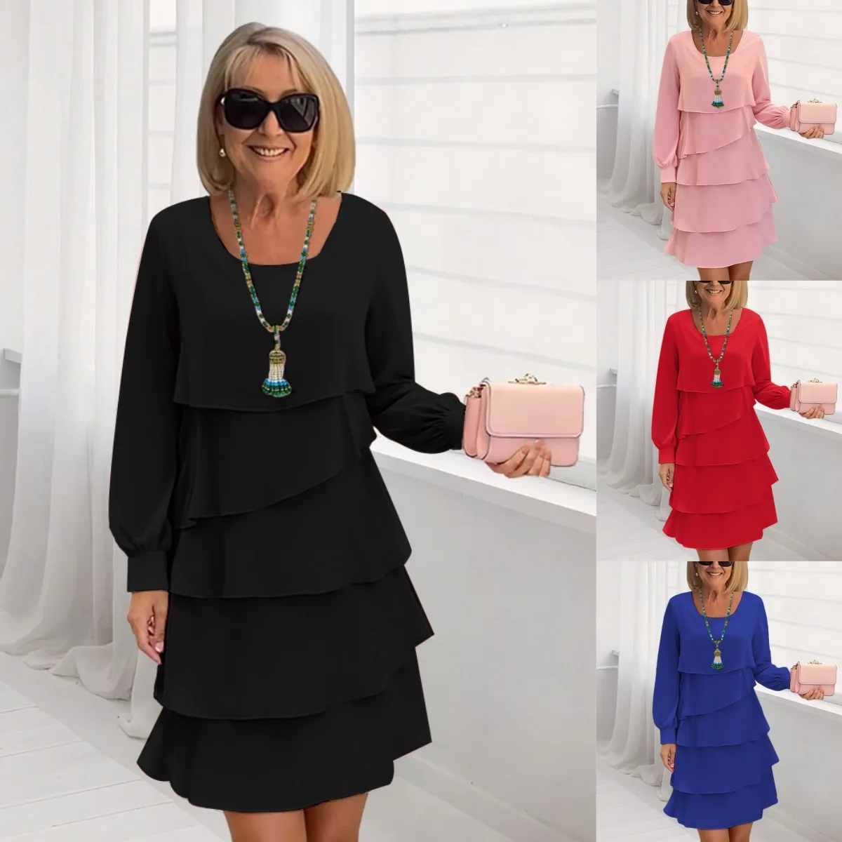 Women Long Sleeve Ruffle Layered Party Holiday Dress