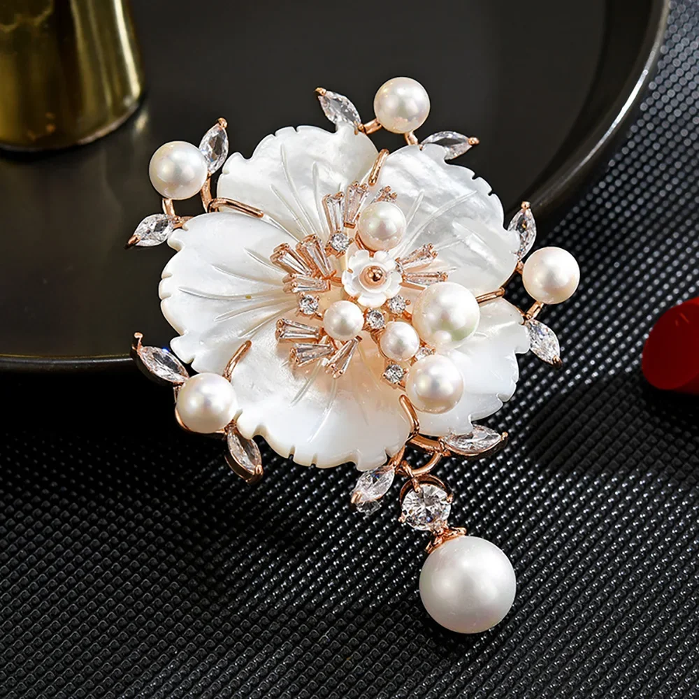 Brooch for women Shell Peony Flower Brooches Pearl Zircon Inlaid Clothing Pin Luxury Jewelry Valentine's Day Gift for Girlfriend
