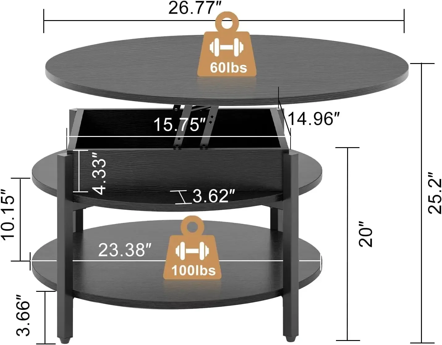 -New-Round Lift Top Coffee Table with Storage and Hidden Compartment, 26.77'' Farmhouse Coffee Table for Living Room Receptio
