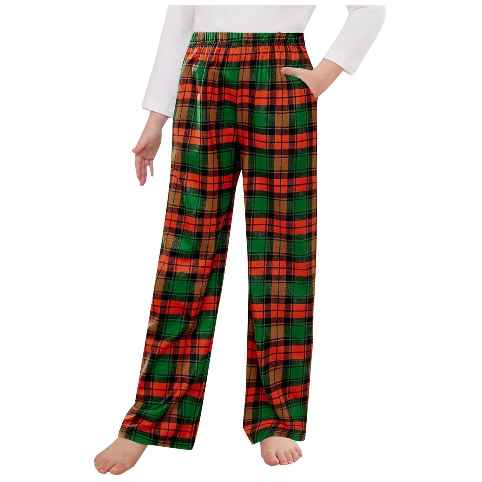 Y2k Style Autumn Plaid Print Pajamas Pants For Kids Girls Straight-Leg Soft Pj Bottoms Elastic Waist Block Color Homewear Pants