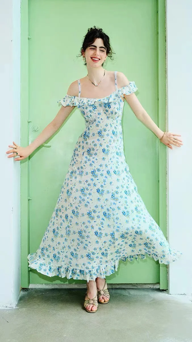

Fyion Summer Runway Designer Casual Long Dress Women Flowers Print Sleeveless Ladies Ruffles Holiday Dress