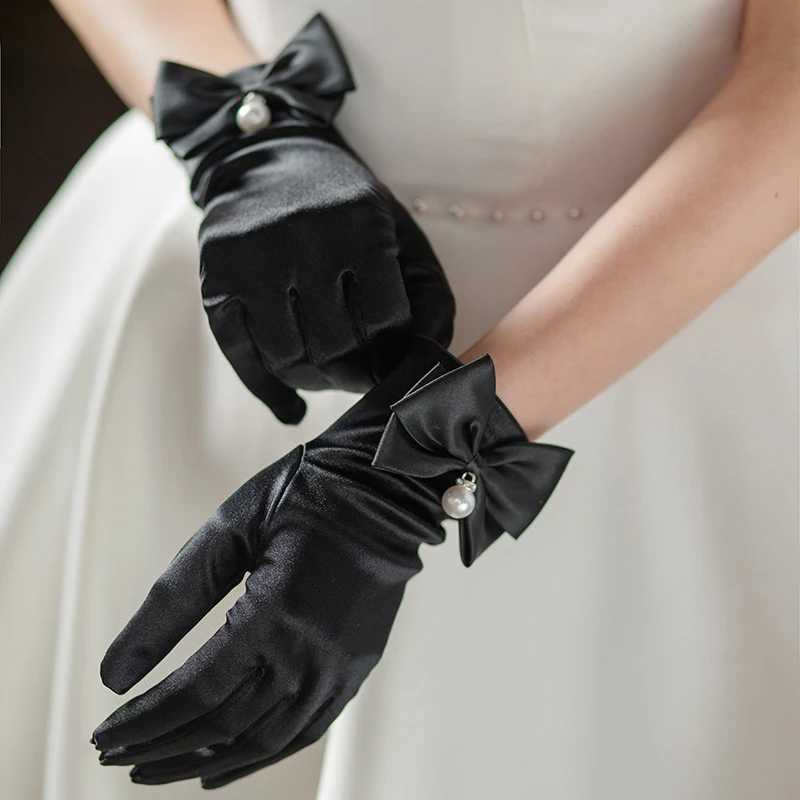 1 Pair Bride Short Gloves Elegant Bow Knot Pearl Pendant for Wedding Opera Dinner Party Elastic Satin Tea Party