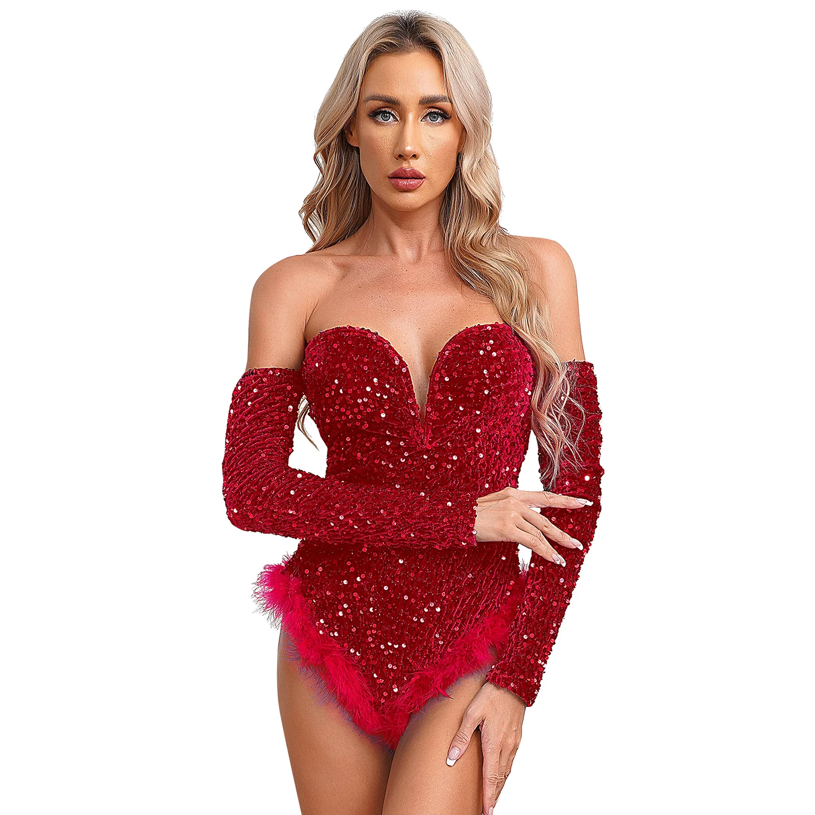 

Womens Sparkly Sequin Bodysuit Off Shoulder Long Sleeve V-Neck Feather Hem Jumpsuit Romper for Club Christmas Night