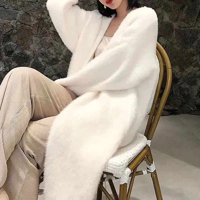 white Long Cardigan for women winter clothes Knitted fluffy long sleeve Cashmere sweater coat clotkorean style warm vintage 4