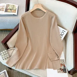 Plus Size Women's Bust 150 Autumn Split Pullover Casual Round Neck Loose Pit Striped Bottom Shirt 5XL 6XL 7XL 8XL 9XL 150Kg
