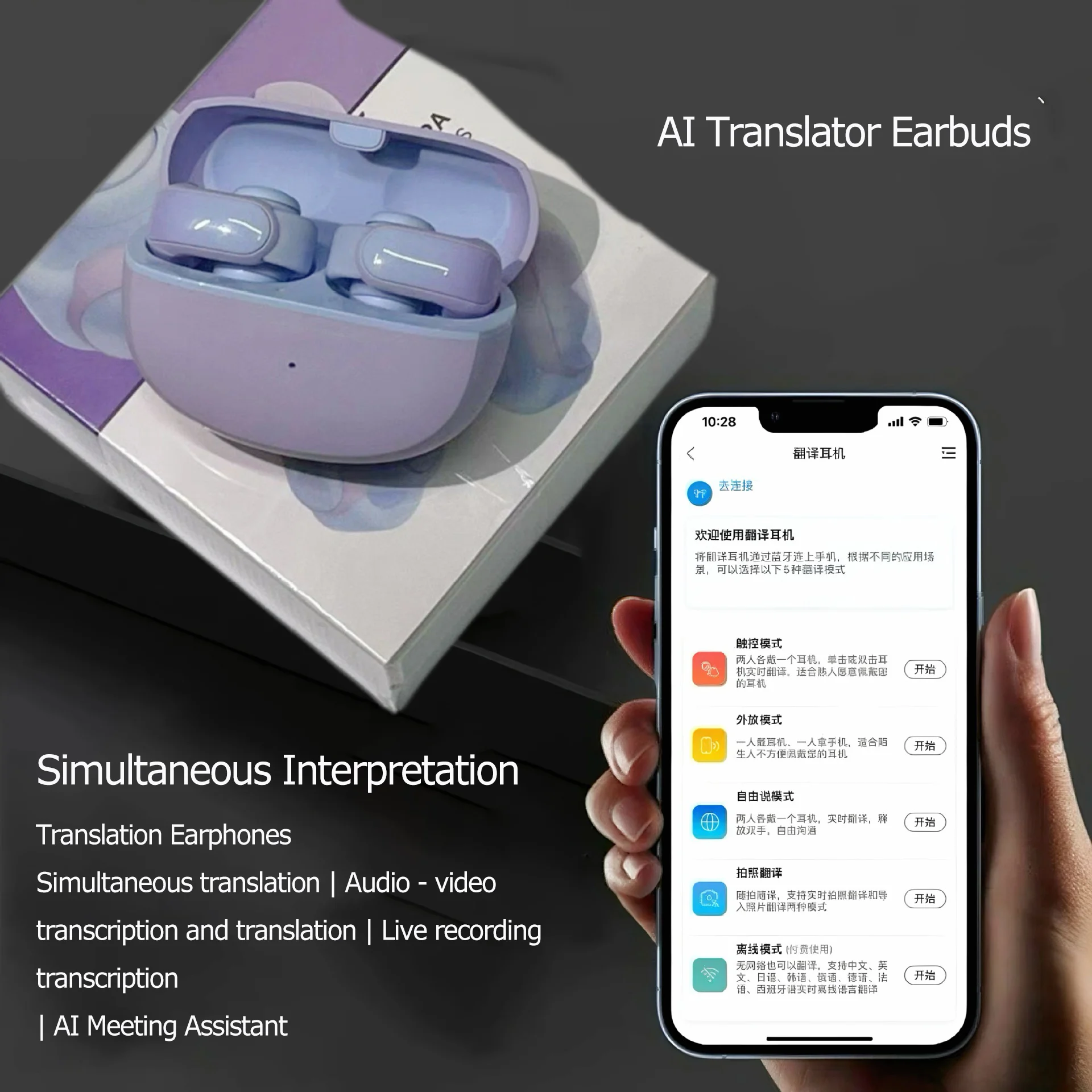 AI Translator Earbuds Earphones Wireless Bluetooth 5.3 Open Headsets HiFi Stereo Sport Earbuds HD Mic Call Ear Clip Headphones