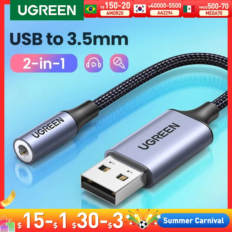 UGREEN Звуковая карта Внешний 3,5 мм USB адаптер USB для наушников динамик аудио интерфейс для ПК компьютера PS4 гарнитура USB звуковая карта