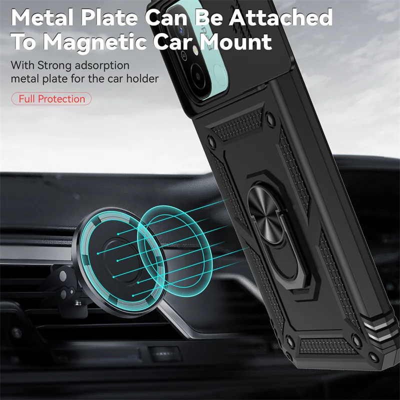 Slide Camera Protect Armor Phone Case with Magnetic Holder Ring Cover