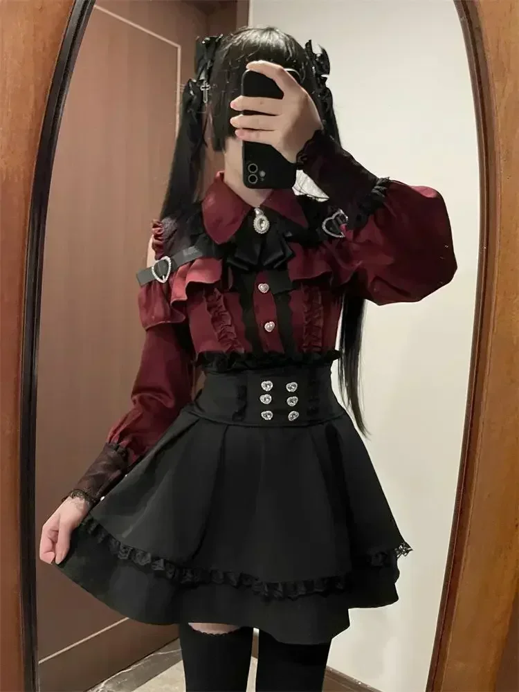 Lapel Neck Off Shoulder Long Sleeve Shirts Women+ Y2k High Waist Ruched Lace Skirts 2025 Early Autumn New Two Piece Sets 3