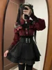 Lapel Neck Off Shoulder Long Sleeve Shirts Women+ Y2k High Waist Ruched Lace Skirts 2025 Early Autumn New Two Piece Sets 3