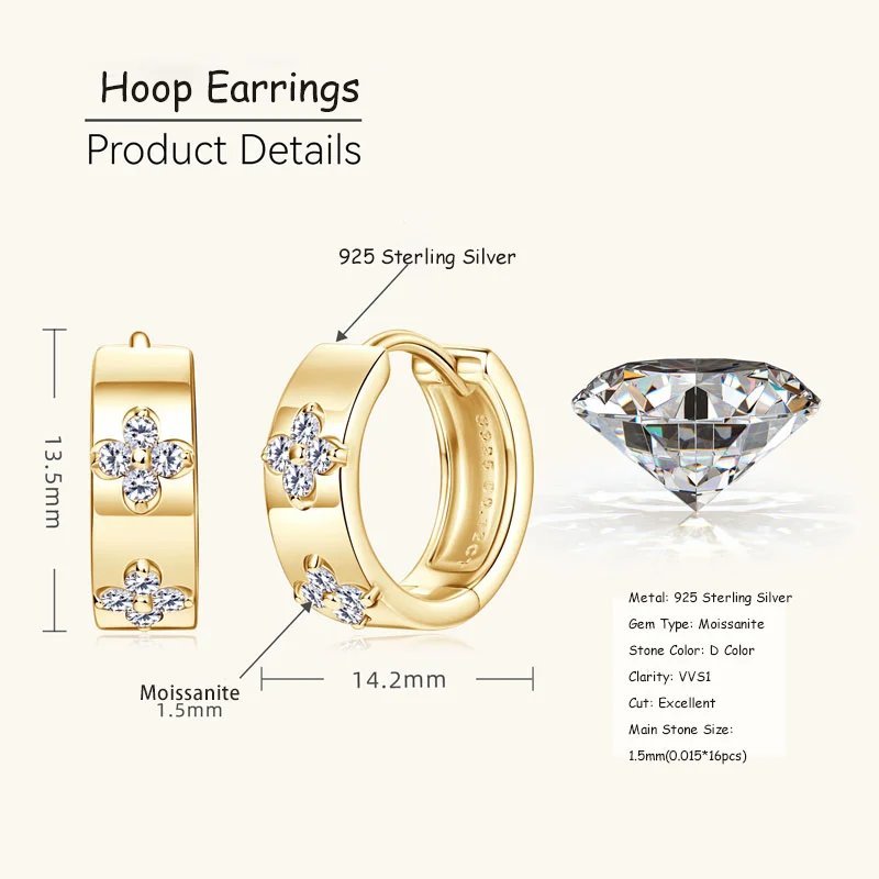 Ehhai GRA Zertifizierte Blume Moissanit Creolen für Frauen S925 Sterling Silber Huggie Ohrring Edlen Schmuck Geschenke Pendientes – Detail 1