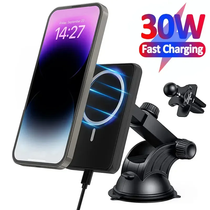 30W Magnetic Car Wireless Charger Air Vent Phone Holder Stand iPhone 15 14 13 Pro Max Mini Car Charger Fast Charging Station magnetic charger