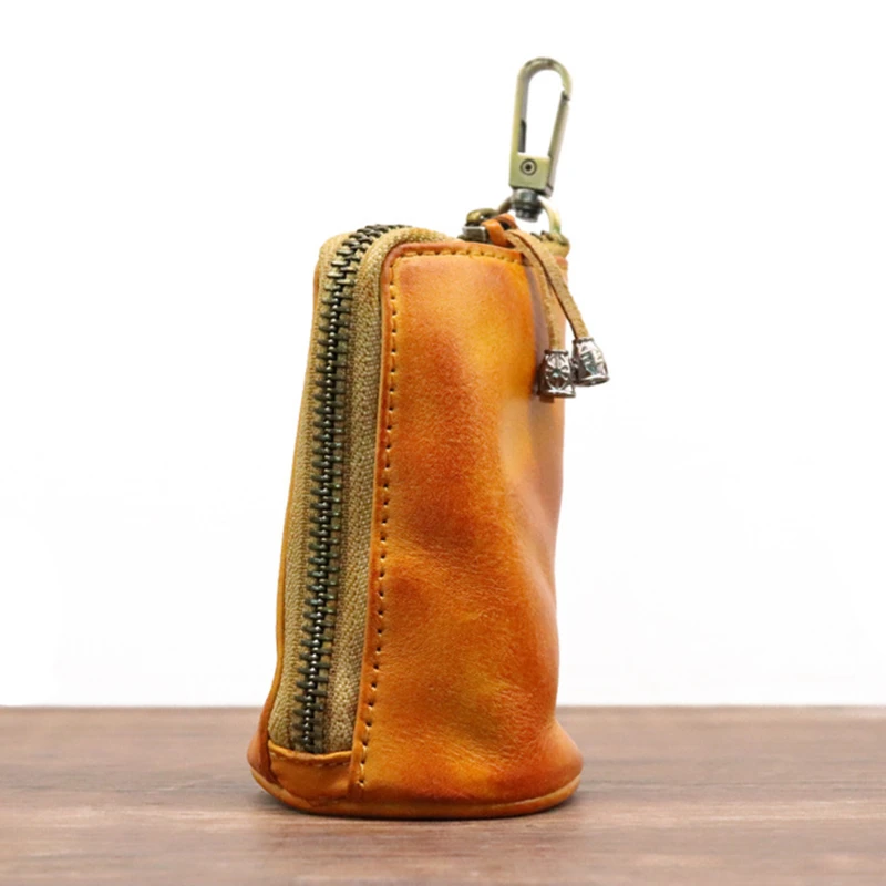 

Men Pu Leather Key Bag Key Chain Holder Portable Casual Retro Zipper Home Storage Bags Double Key Pack Car Bag Males