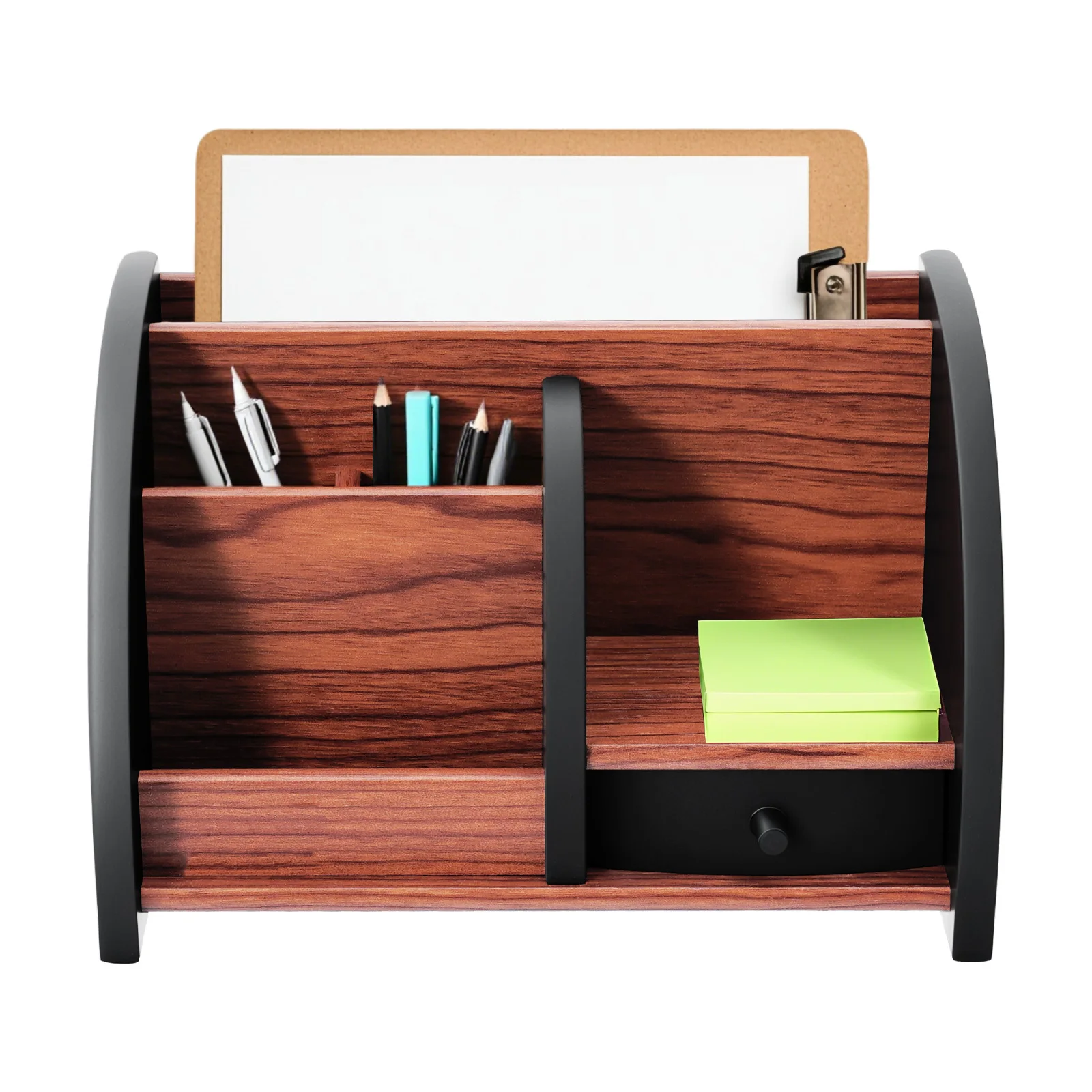 Wunderschöner, exquisiter Stifthalter mit Holzmaserung, 5 Fächern unterschiedlicher Größe und einer Schublade für Arbeitszimmer, Schlafzimmer, Büro – Detail 2