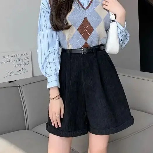 Autumn Winter Corduroy Shorts Women Wide-legged Pants Loose Thickened Casual Retro Version Soft Warm