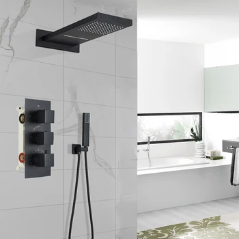 Rubinetto da bagno nero Rubinetto per doccia a cascata a pioggia Set doccia con sistema doccia incorporato Chuveiro 1