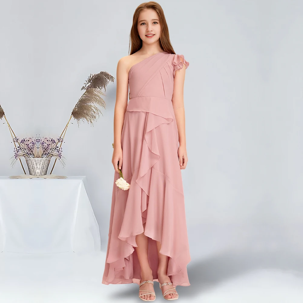 

A-line One Shoulder Asymmetrical Chiffon Junior Bridesmaid Dress With Cascading Ruffles Blush Flower Girl Dress for Wedding Teen