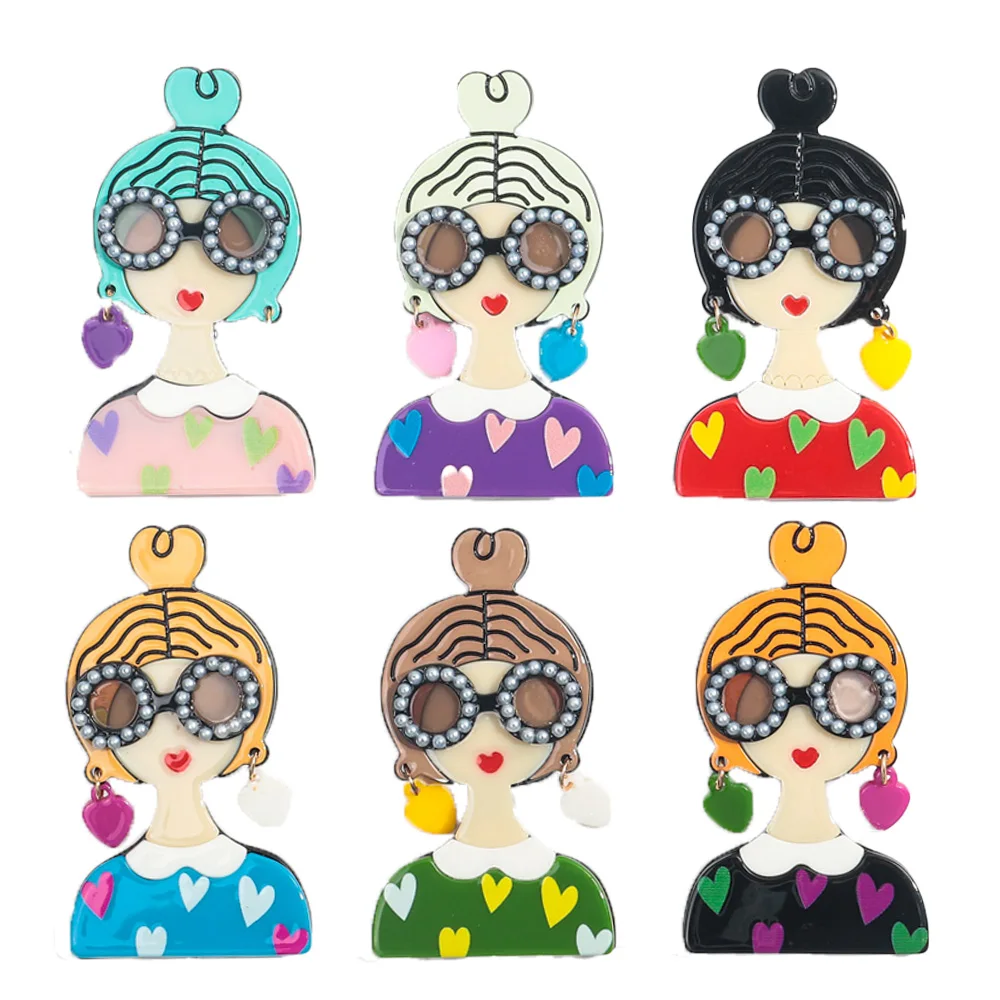 여성을위한 새로운 귀여운 소녀 그림 아크릴 브로치 스플 라이스 수제 안경 레이디 배지 옷깃 핀 쥬얼리 의류 액세서리 선물