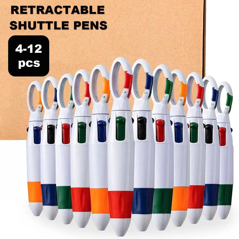 Retractable Shuttle Pens with Carabiner Clip - Pack of 4-12 Bulk 4-in-1 Multi-Colored Ink Ballpoint Pens with Keychain for Adult 1