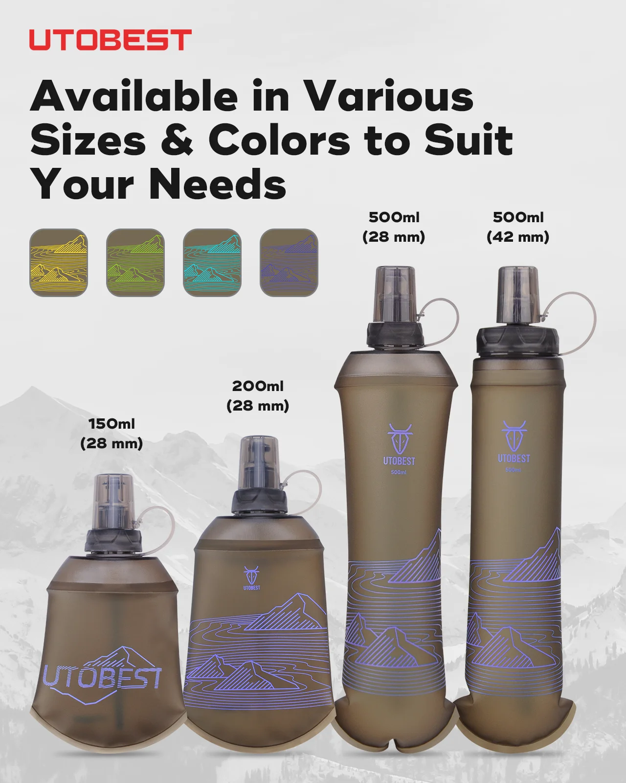Sports Water Bottle Portable Water Bottle Sports Water Bag 150ml/200ml/500ml Soft Flask Foldable TPU Water Bottle Outdoor Hiking Running Cycling
