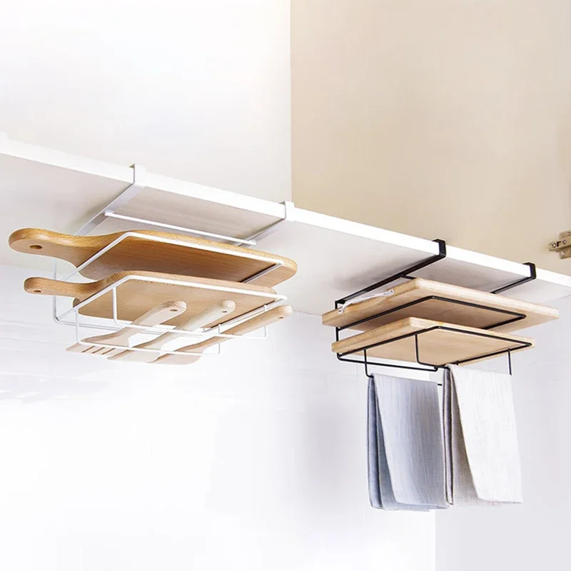 Cutting Board Kitchen Shelf, Double-Layer Perforation-Free Cabinet Hanger, Rag, Cutting Board Storage And Finishing Iron Hanger
