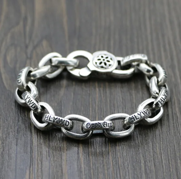 

S925 Sterling Silver Whip Chain Coarse Men's and Women's Versatile Cherry Blossom Bracelet Punk Style Hip Hop Street Shooting Tr