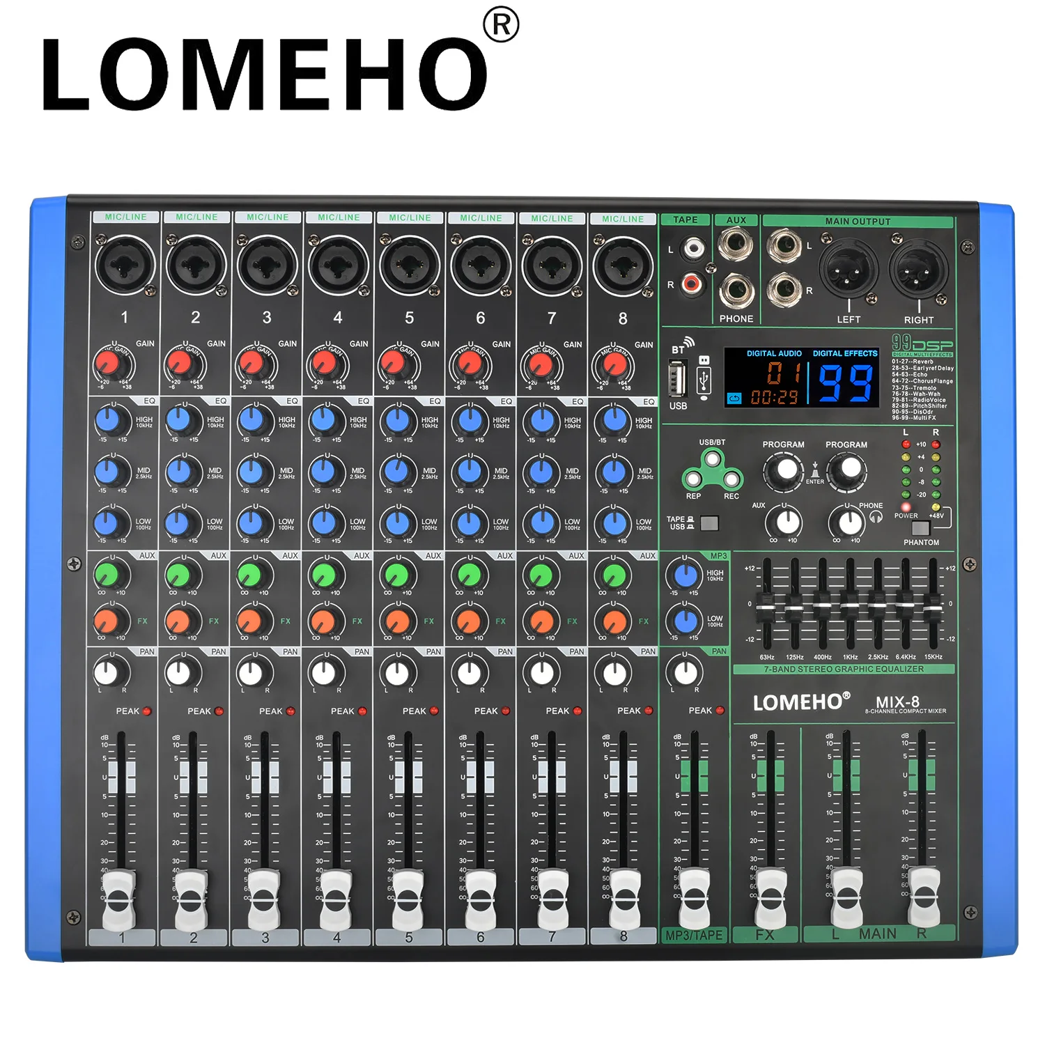 

LOMEHO 8 Channels Mixing Console 99 DSP effect Stereo Sound Audio Mixer USB Play Recording Bluetooth Dj Controller Table MIX-8