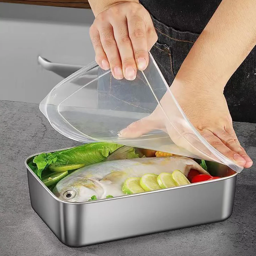 Stainless Steel Food Containers Rectangle Food Storage Box Set of 4 Leak Proof Clear Plastic Lid Airtight Meat Storage Container