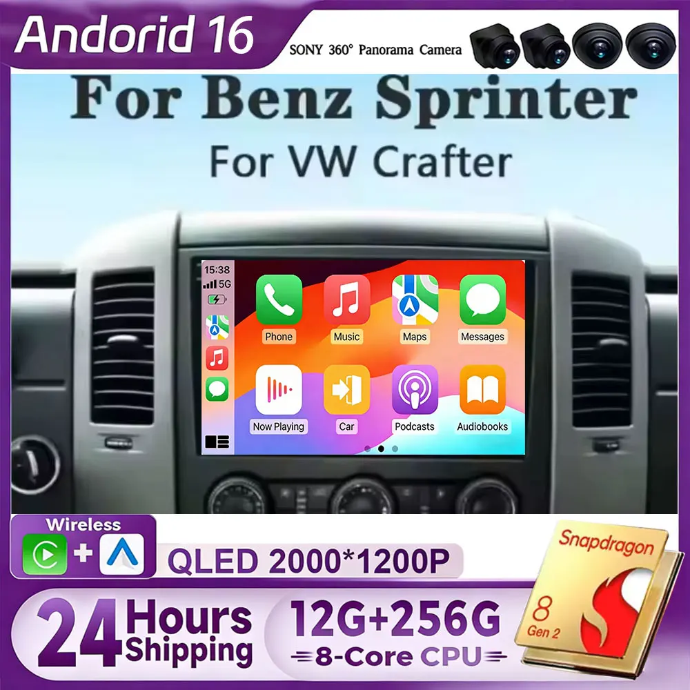 Radio multimedia para coche con pantalla de 10' Android 16 para VW Crafter y Mercedes Benz Sprinter, reproductor de video, GPS, estéreo, CarPlay+auto, WIFI+4G, DSP 1