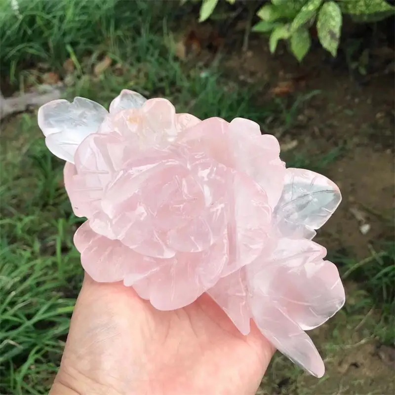 Natural Rose Quartz Peony Flower Carving Polished Crystals Crafts As Christmas Ornaments Gifts Or Home Decoration 1pcs 3