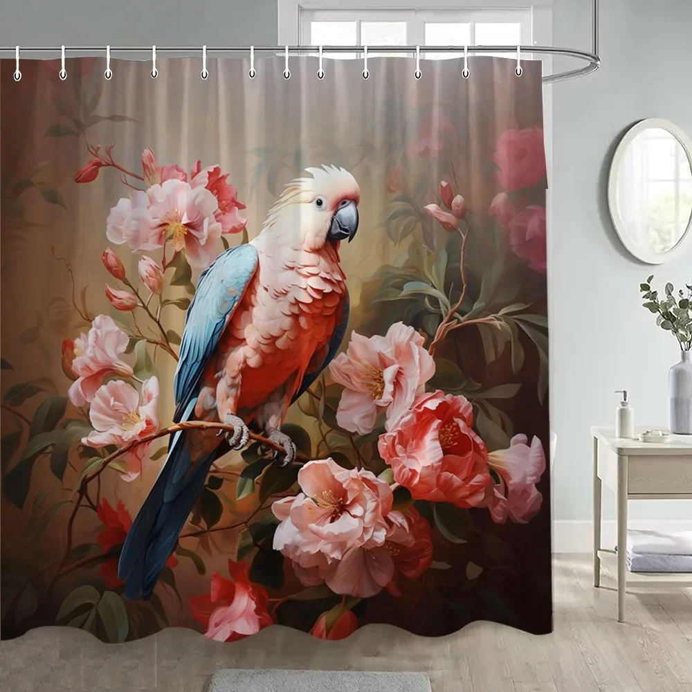 Japanese Style Flowers Bird Shower Curtain Abstract Mountain Red Floral Plant Ink Art Landscape Fabric Decor Bathroom Curtains 4