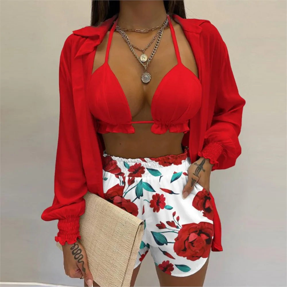 

Spring New Red Print High Waist Bikini Sets Swimsuit Women Sexy Lace Up Three Pieces Swimwear Beachwear For Bathing Shorts Suit