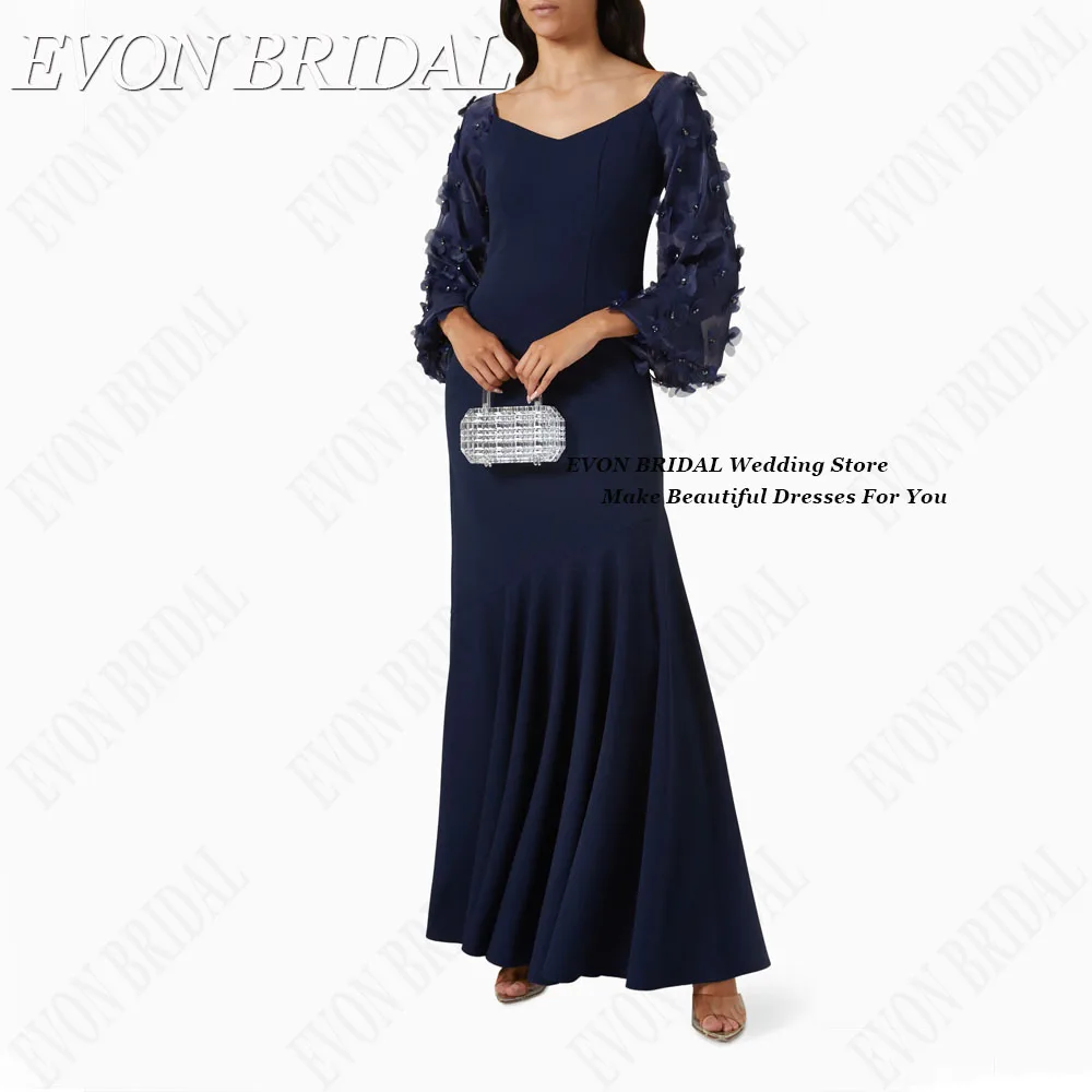 EVON BRIDAL Flowers Celebrity Dresses V-Neck Satin Mermaid Celebrity Red Carpet Dresses Formal Evening Gowns Puff Sleeves 3