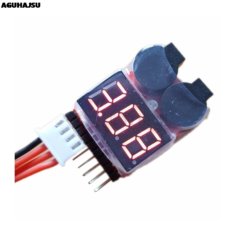 Alarme sonore activée sur le testeur de batterie Lipo 1S-8S, avec indicateur LED rouge clignotant.