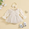 Princess Newborn Baby Girls Romper Dress Sweet Long Sleeve Lace Floral Tulle Jumpsuits + Hairband Toddler 2pcs Clothes Suit