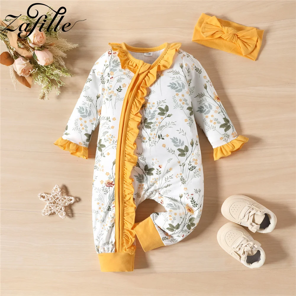 ZAFILLE Ruffled Floral Clothes For Newborns Girls Winter Baby Rompers Zipper Kids Infant Sleepwear Cute Toddler Girls Clothing