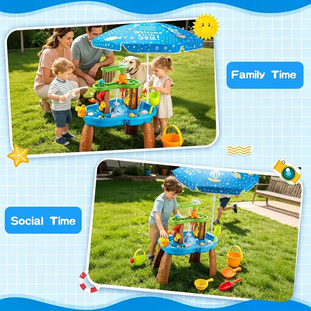 2026 Toddler Water Table with Umbrella & Fishing Game, Outdoor Toy with Auto Electric Pump, Sensory Playset for 3-8 Year Old Boys Girls