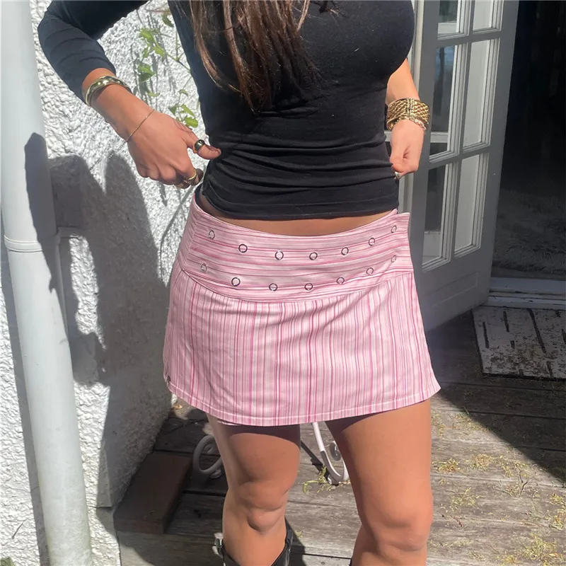 Women Y2K Striped Print Skirt Button Mid Rise Reversible Wrap Skirts Summer Going Out A Line Skirt Preppy Vintage Streetwear 2