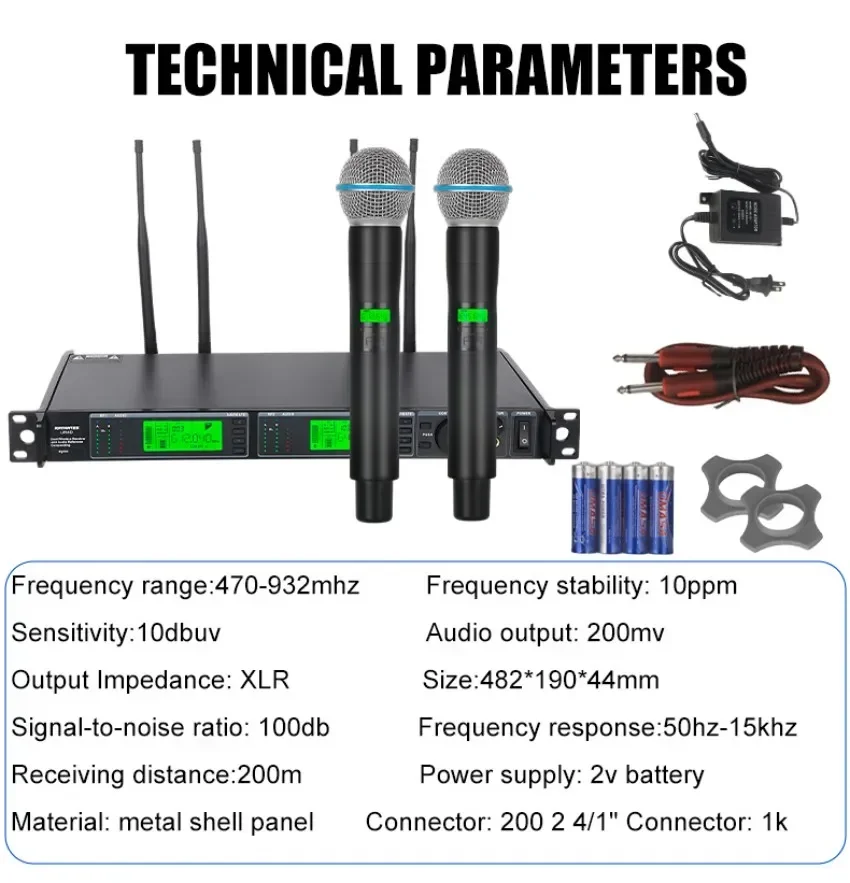 RAYHAYES UR4D Super Strong Signal Wireless Microphone Professional Dual Channel Conference Karaoke Mic Microphone