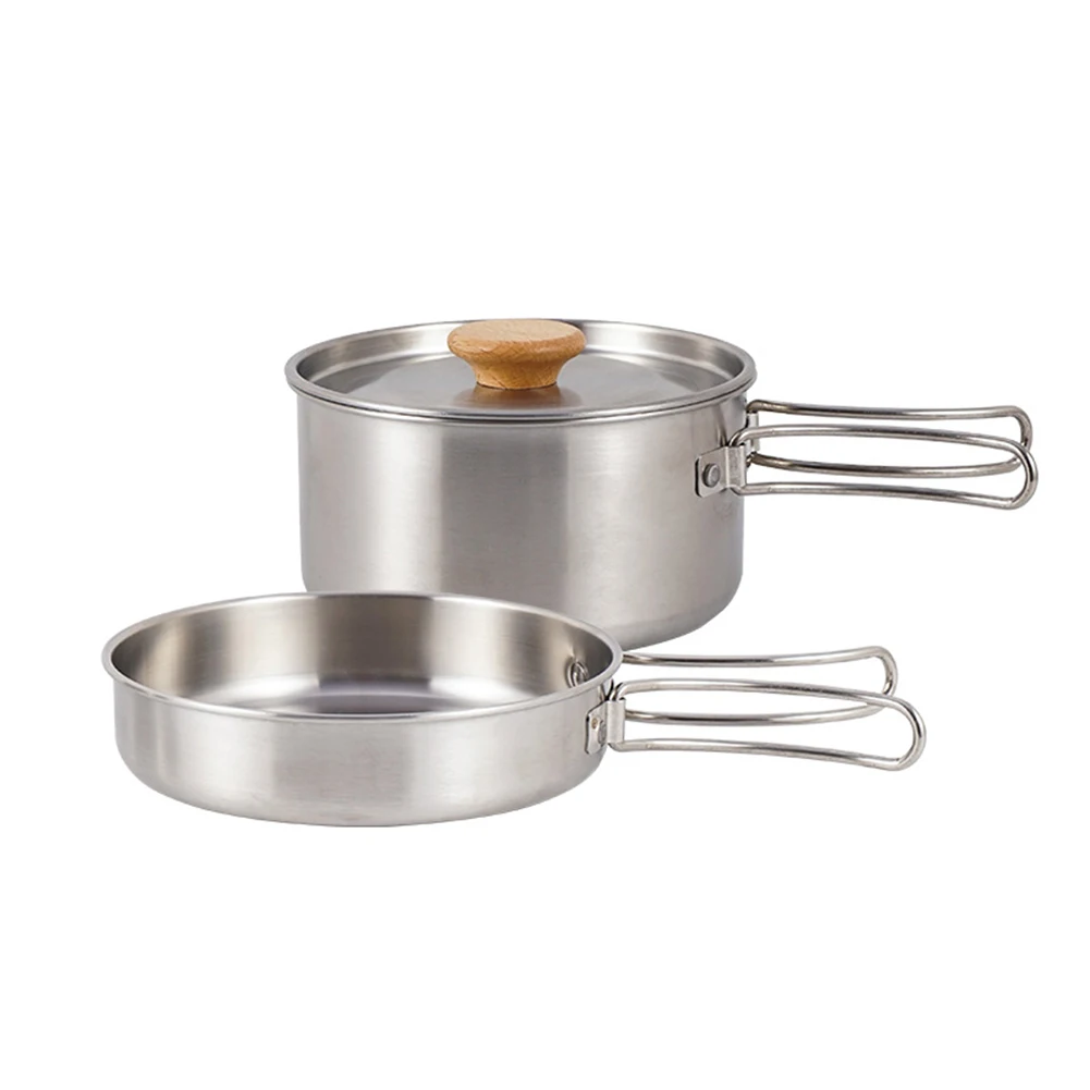 Camping Pot Set Portable Camping Pan Stainless Steel Foldable Handle with Storage Bag Travel Tableware Picnic Equipment