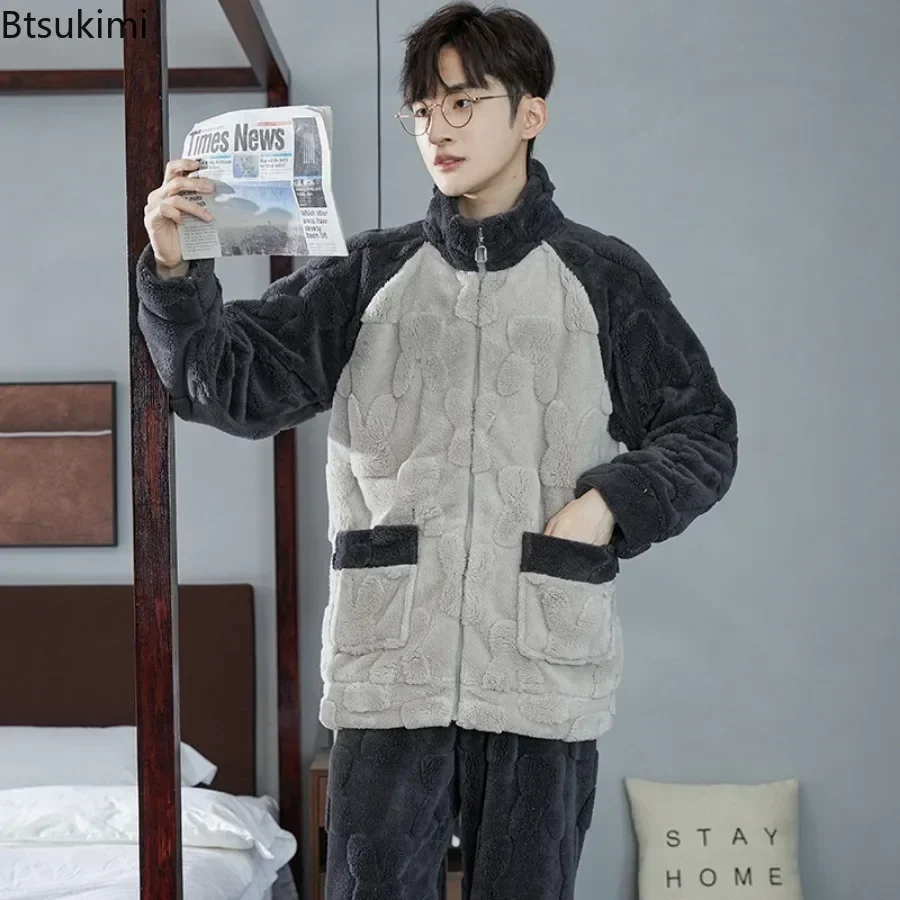 2024 Men's Thicken Warm Pajamas Sets Flannel 2 Piece Sets Sleepwear Male Autumn Winter Home Suit Soft Nightwear Pijama Loungewer images - 6