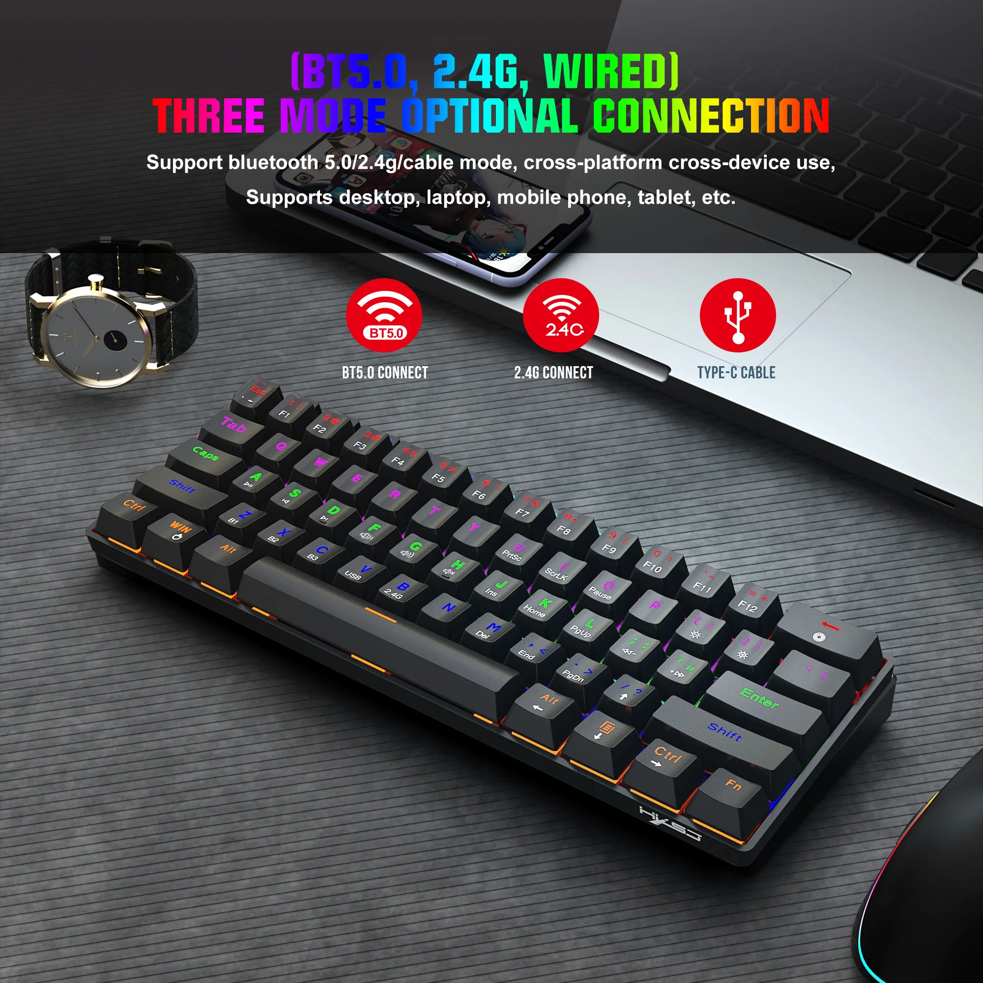 

Проводная Беспроводная механическая клавиатура с тремя режимами RGB ABS, двухцветная клавиатура, 61 клавиша, порт Type-C для телефона, Macbook, офисных геймеров