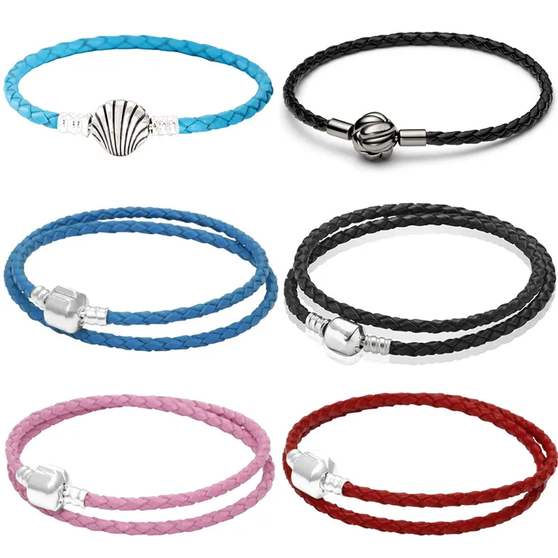 

Genuine Leather Barrel Love Knot Braided Seashell Clasp Bracelet Fit Popular 925 Sterling Silver Bangle Bead Charm DIY Jewelry