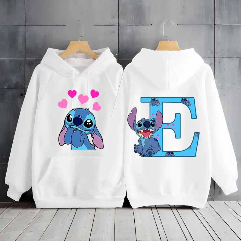 2024 Women's Winter Jacket Cute Kawaii Disney Lilo & Stitch Lucky Letter Print White Hoodie Fashion Couple Streetwear Sportswear 6