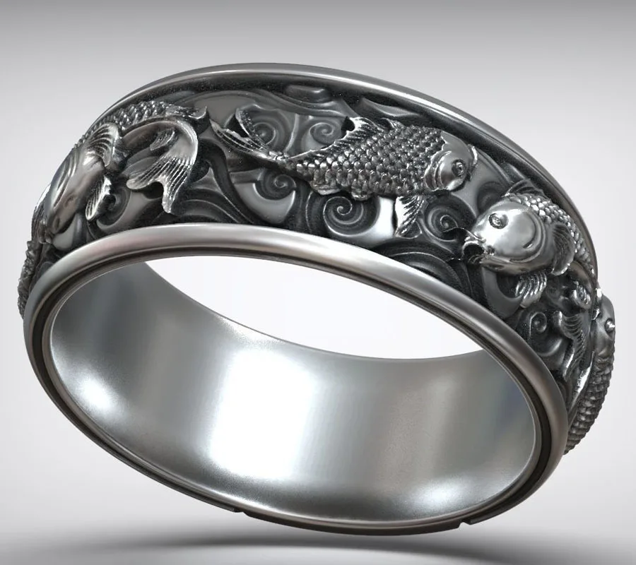 10.5g Carp Koi Fish Japanese Traditional Ornament Band Gold Rings  Customized 925 Solid Sterling Silver Many Sizes 7-13