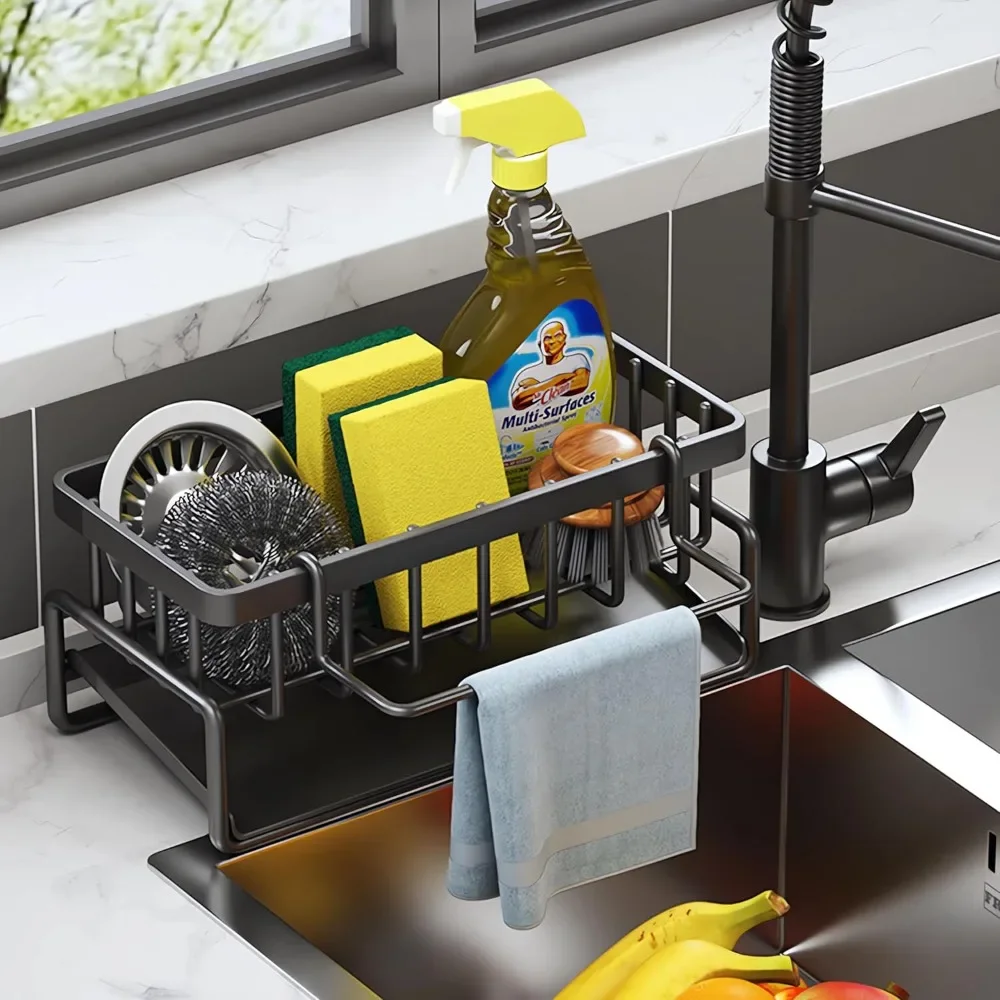 Kitchen sink organizer drain rack carbon steel self-draining sink shelf sponge holder soap dishcloth towel rack filter basket